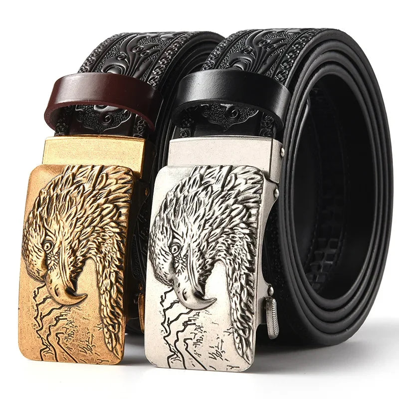 Men'S Casual Leather Belt Carving Flowers Vintage Style Automatic Buckle Hip Hop Snake Wolf King Tiger Fashion Accessories