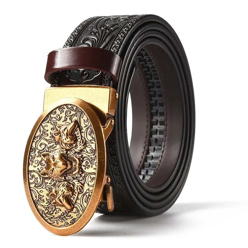 Men'S Casual Leather Belt Carving Flowers Vintage Style Automatic Buckle Hip Hop Snake Wolf King Tiger Fashion Accessories