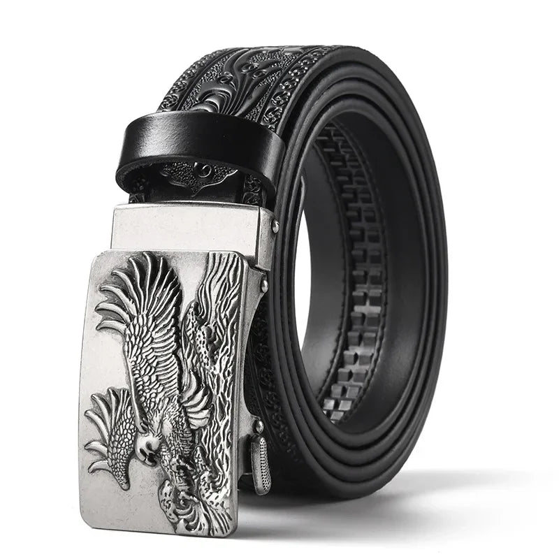 Men'S Casual Leather Belt Carving Flowers Vintage Style Automatic Buckle Hip Hop Snake Wolf King Tiger Fashion Accessories