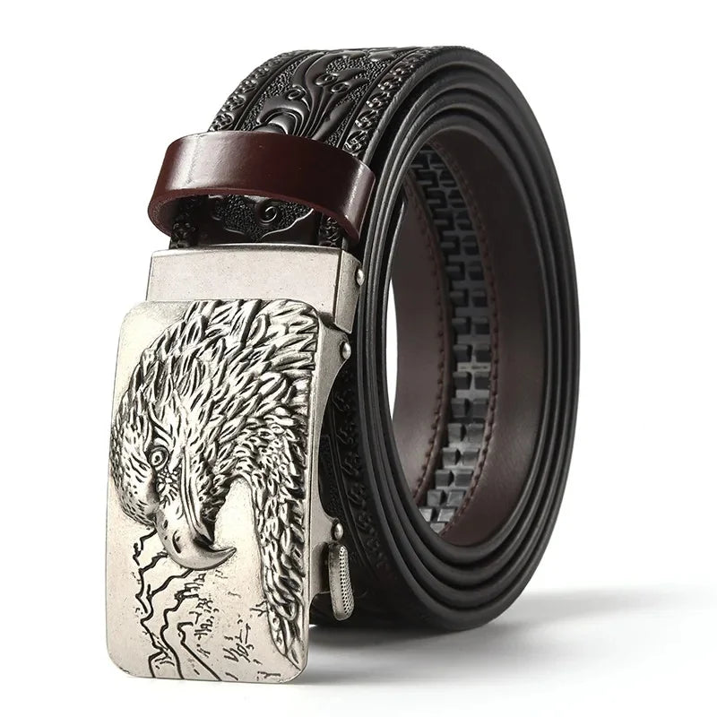 Men'S Casual Leather Belt Carving Flowers Vintage Style Automatic Buckle Hip Hop Snake Wolf King Tiger Fashion Accessories