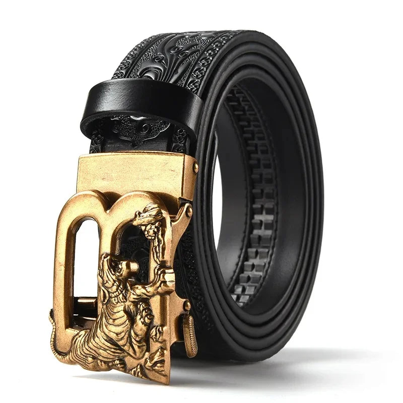 Men'S Casual Leather Belt Carving Flowers Vintage Style Automatic Buckle Hip Hop Snake Wolf King Tiger Fashion Accessories