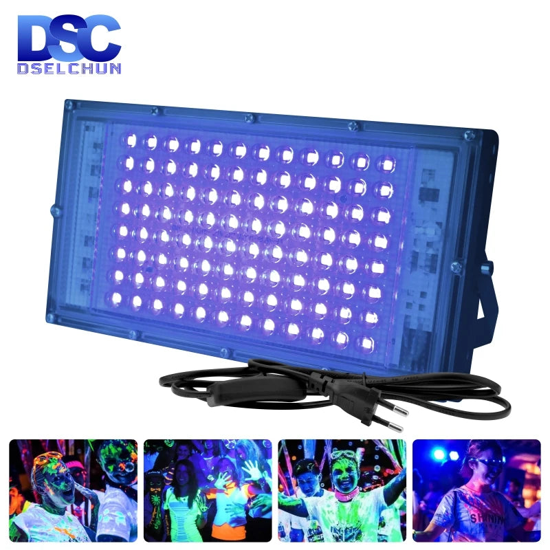 Led UV Floodlight 110V 220V 50W 100W Party Light 395Nm 400Nm IP65 Waterproof Ultraviolet Fluorescent Stage Lamp with US/EU Plug
