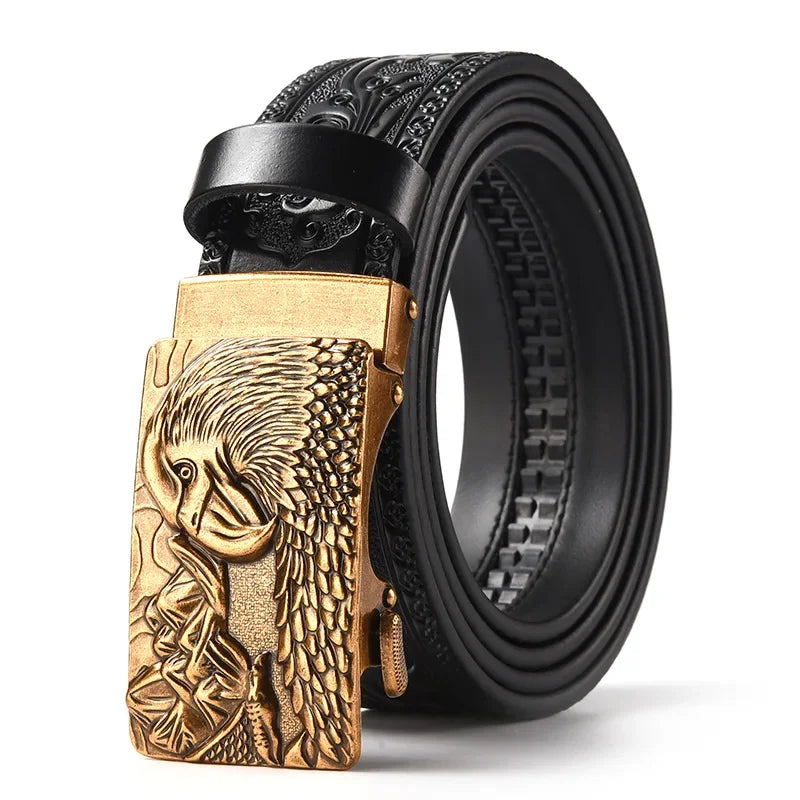 Men'S Casual Leather Belt Carving Flowers Vintage Style Automatic Buckle Hip Hop Snake Wolf King Tiger Fashion Accessories