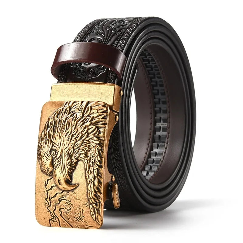 Men'S Casual Leather Belt Carving Flowers Vintage Style Automatic Buckle Hip Hop Snake Wolf King Tiger Fashion Accessories