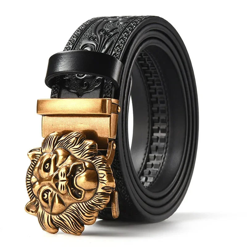 Men'S Casual Leather Belt Carving Flowers Vintage Style Automatic Buckle Hip Hop Snake Wolf King Tiger Fashion Accessories