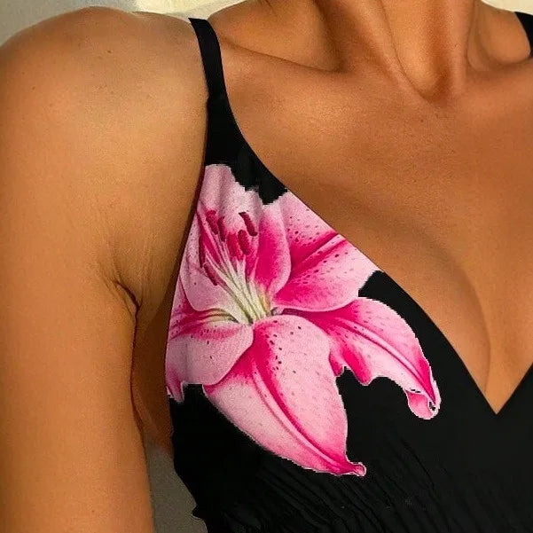 Women Tankini Bikini Floral Print Triangle Bikinis Black Base Deep V Swimsuit Side Cut Out Crisscross Two Piece Swimsuit