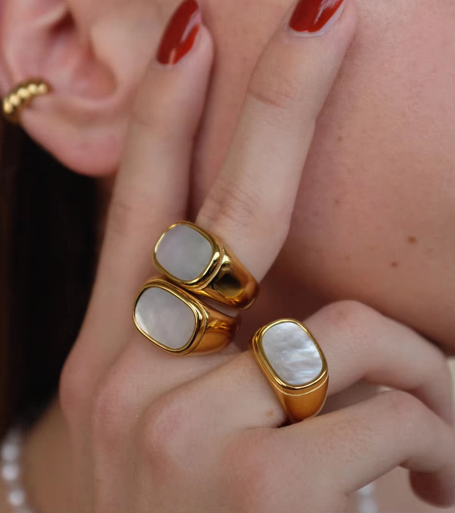 18Kgold Plated 316L Stainless Steel Shell Rings for Women Heart Shape Yin Yang Chunky Finger Rings Waterproof Jewelry