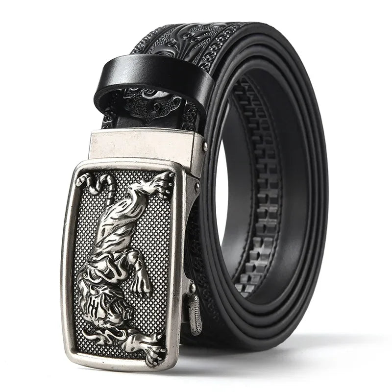 Men'S Casual Leather Belt Carving Flowers Vintage Style Automatic Buckle Hip Hop Snake Wolf King Tiger Fashion Accessories