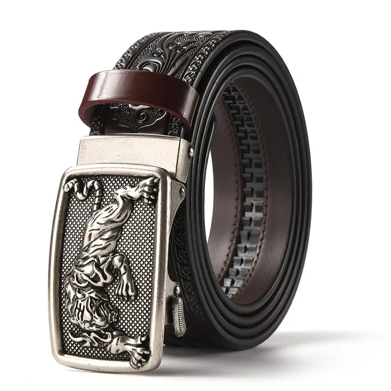 Men'S Casual Leather Belt Carving Flowers Vintage Style Automatic Buckle Hip Hop Snake Wolf King Tiger Fashion Accessories