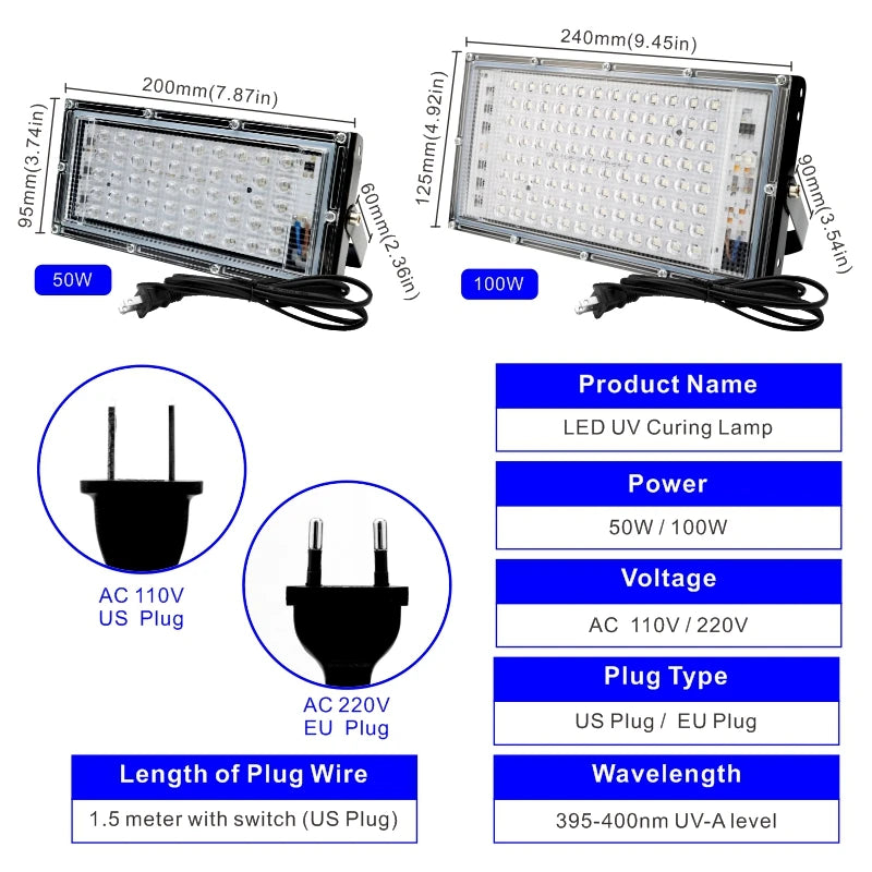 Led UV Floodlight 110V 220V 50W 100W Party Light 395Nm 400Nm IP65 Waterproof Ultraviolet Fluorescent Stage Lamp with US/EU Plug