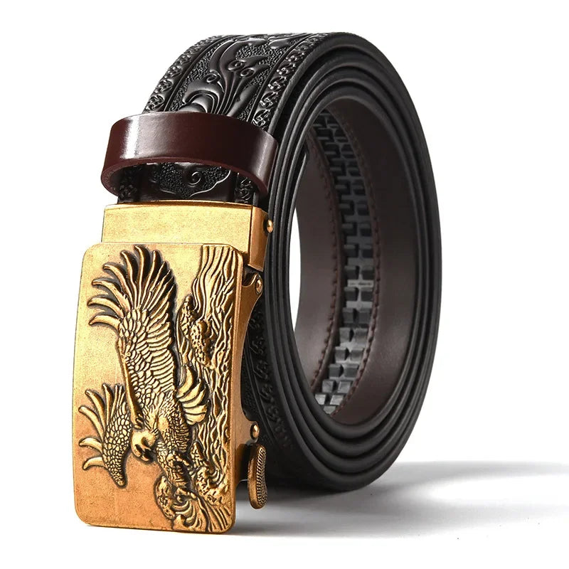 Men'S Casual Leather Belt Carving Flowers Vintage Style Automatic Buckle Hip Hop Snake Wolf King Tiger Fashion Accessories