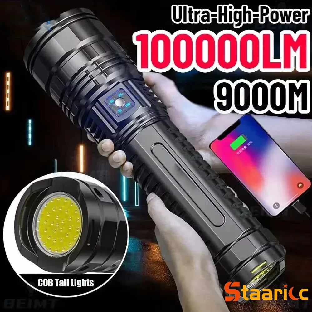 Lampe Torche Tactique Ultra-Puissante 1500W – Portée 5km, LED, Batterie Intégrée