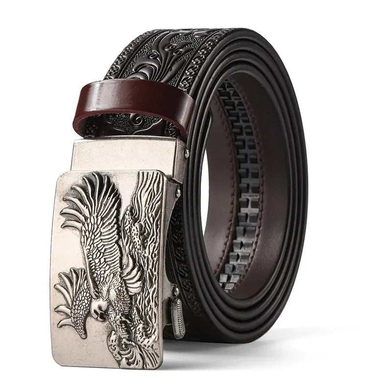 Men'S Casual Leather Belt Carving Flowers Vintage Style Automatic Buckle Hip Hop Snake Wolf King Tiger Fashion Accessories
