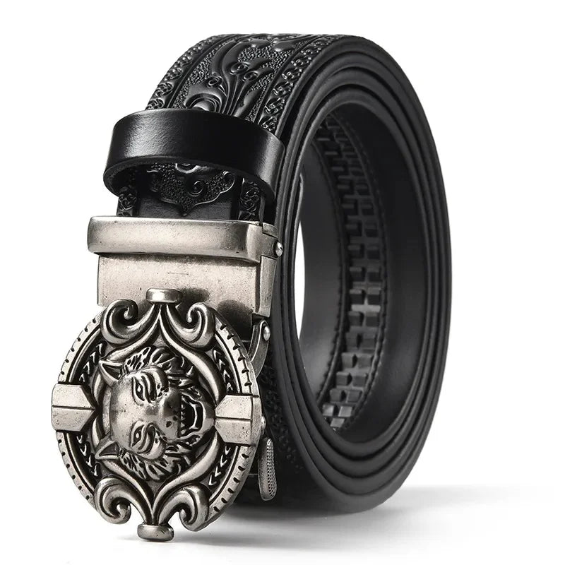 Men'S Casual Leather Belt Carving Flowers Vintage Style Automatic Buckle Hip Hop Snake Wolf King Tiger Fashion Accessories