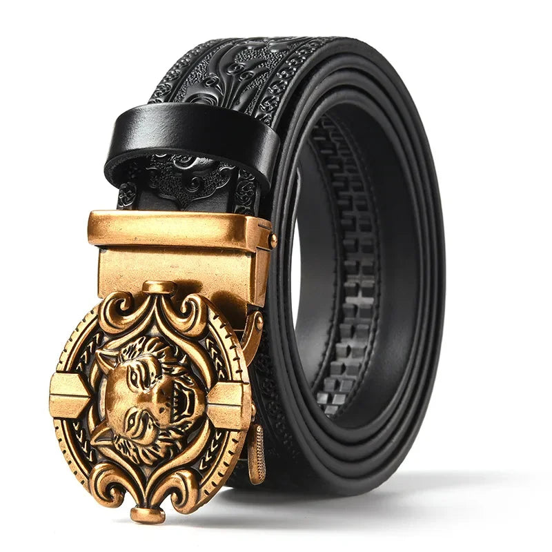 Men'S Casual Leather Belt Carving Flowers Vintage Style Automatic Buckle Hip Hop Snake Wolf King Tiger Fashion Accessories