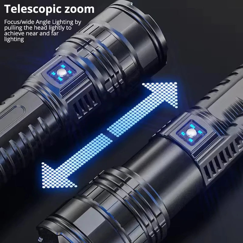 Lampe Torche Tactique Ultra-Puissante 1500W – Portée 5km, LED, Batterie Intégrée