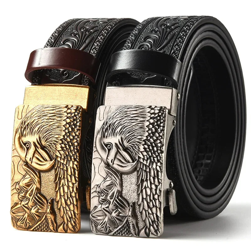 Men'S Casual Leather Belt Carving Flowers Vintage Style Automatic Buckle Hip Hop Snake Wolf King Tiger Fashion Accessories