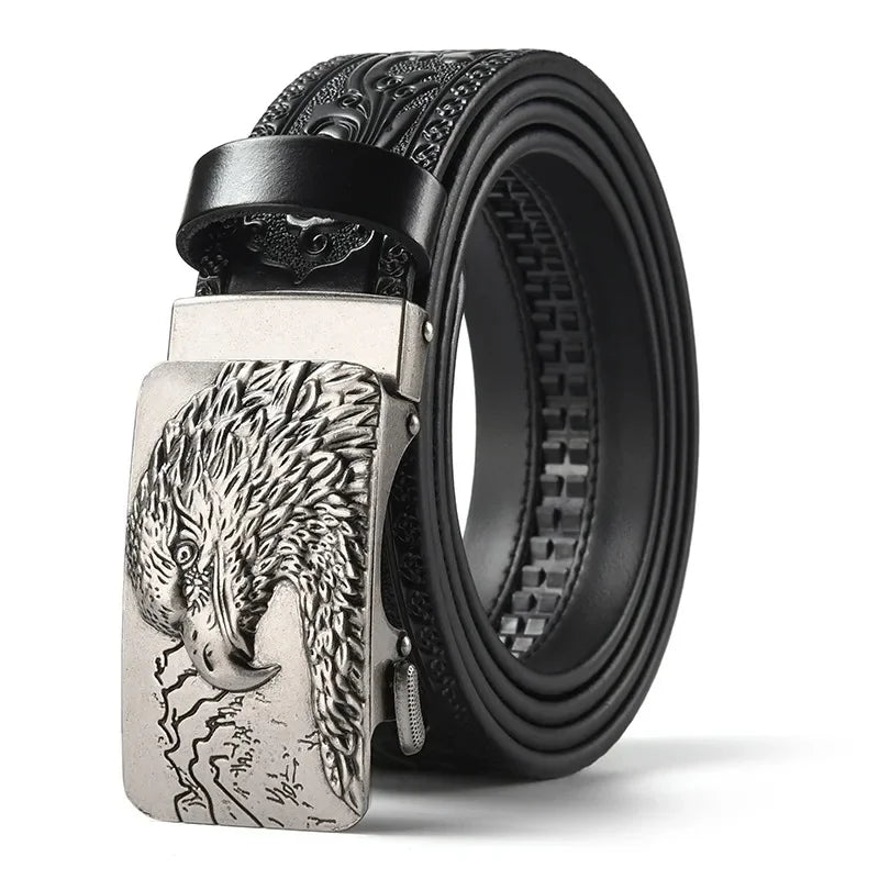 Men'S Casual Leather Belt Carving Flowers Vintage Style Automatic Buckle Hip Hop Snake Wolf King Tiger Fashion Accessories