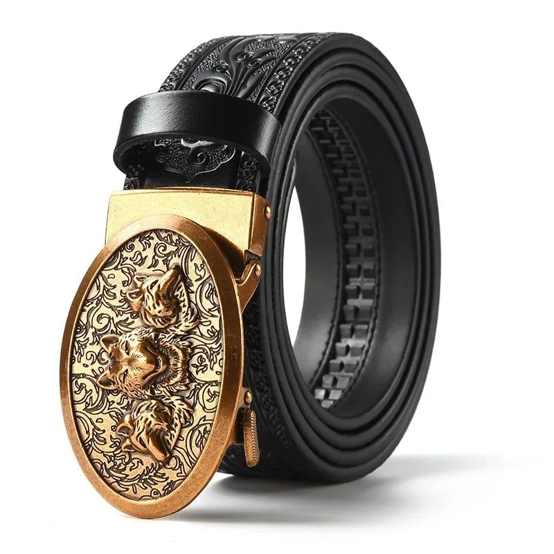 Men'S Casual Leather Belt Carving Flowers Vintage Style Automatic Buckle Hip Hop Snake Wolf King Tiger Fashion Accessories