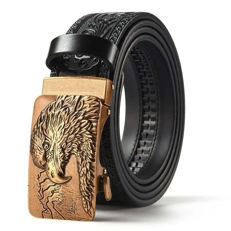 Men'S Casual Leather Belt Carving Flowers Vintage Style Automatic Buckle Hip Hop Snake Wolf King Tiger Fashion Accessories