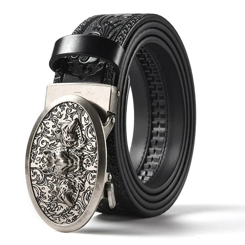 Men'S Casual Leather Belt Carving Flowers Vintage Style Automatic Buckle Hip Hop Snake Wolf King Tiger Fashion Accessories