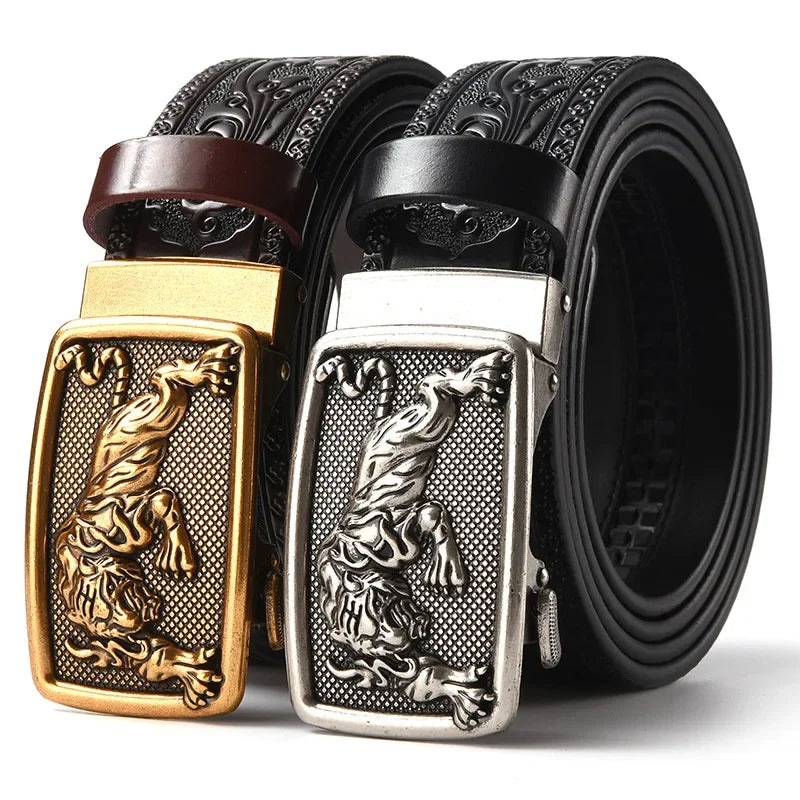 Men'S Casual Leather Belt Carving Flowers Vintage Style Automatic Buckle Hip Hop Snake Wolf King Tiger Fashion Accessories