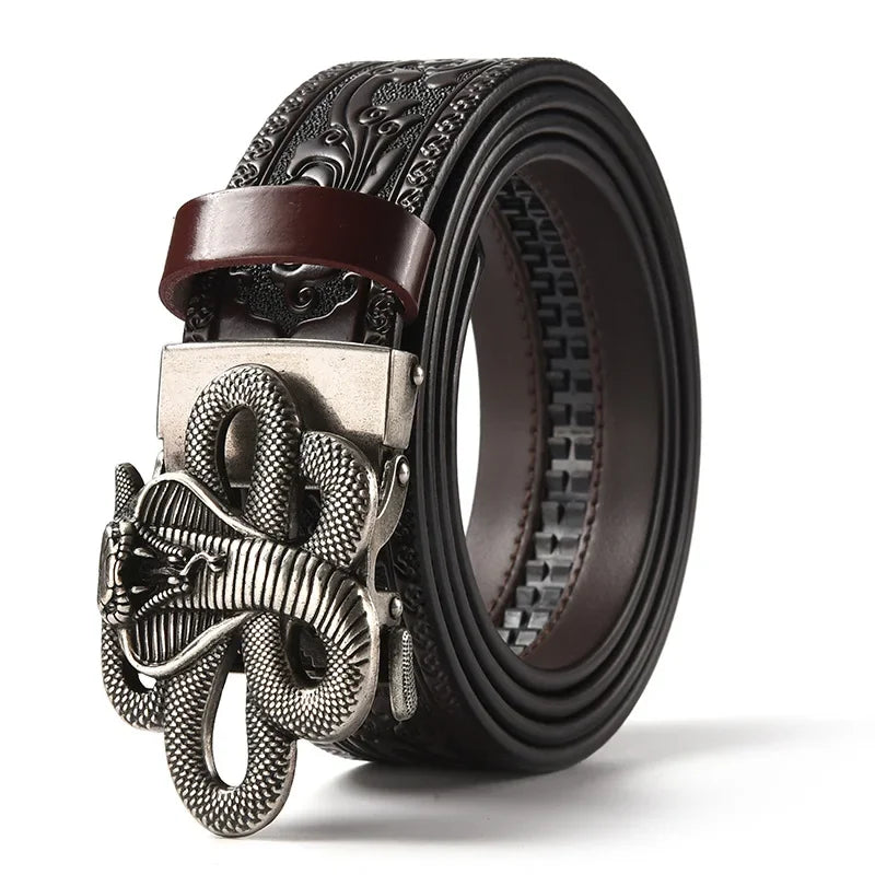 Men'S Casual Leather Belt Carving Flowers Vintage Style Automatic Buckle Hip Hop Snake Wolf King Tiger Fashion Accessories