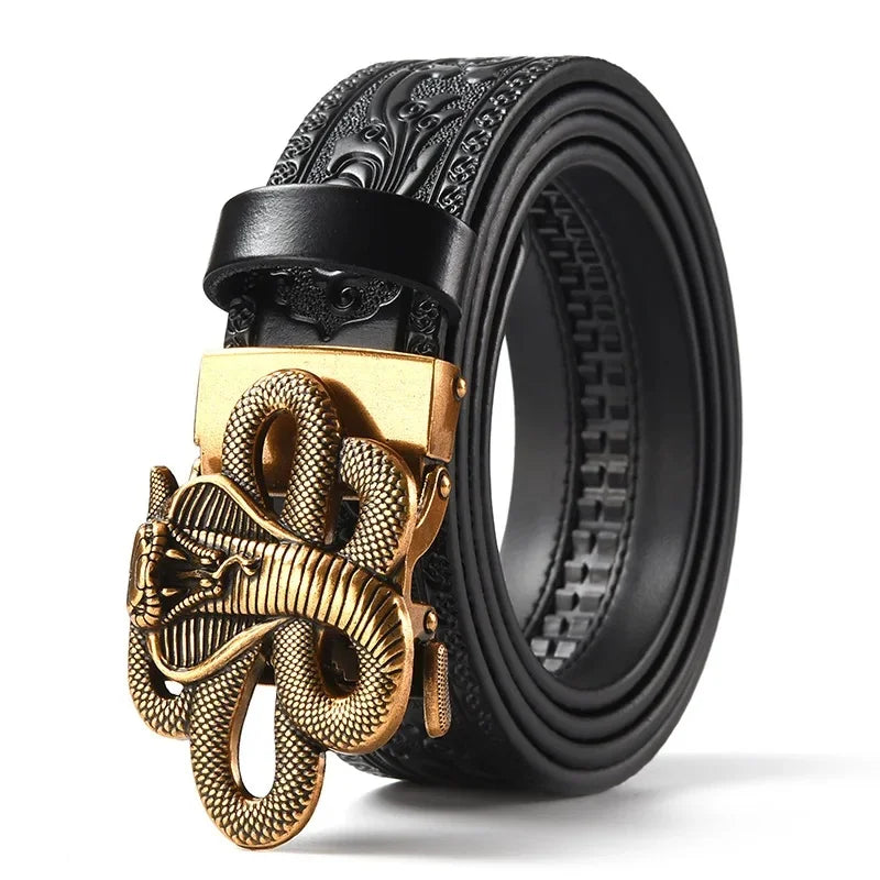 Men'S Casual Leather Belt Carving Flowers Vintage Style Automatic Buckle Hip Hop Snake Wolf King Tiger Fashion Accessories
