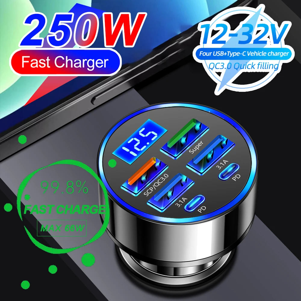 Power Up Your Drive: 66-250W PD Car Charger with QC3.0 Fast Charging and Digital Display for Ultimate Convenience