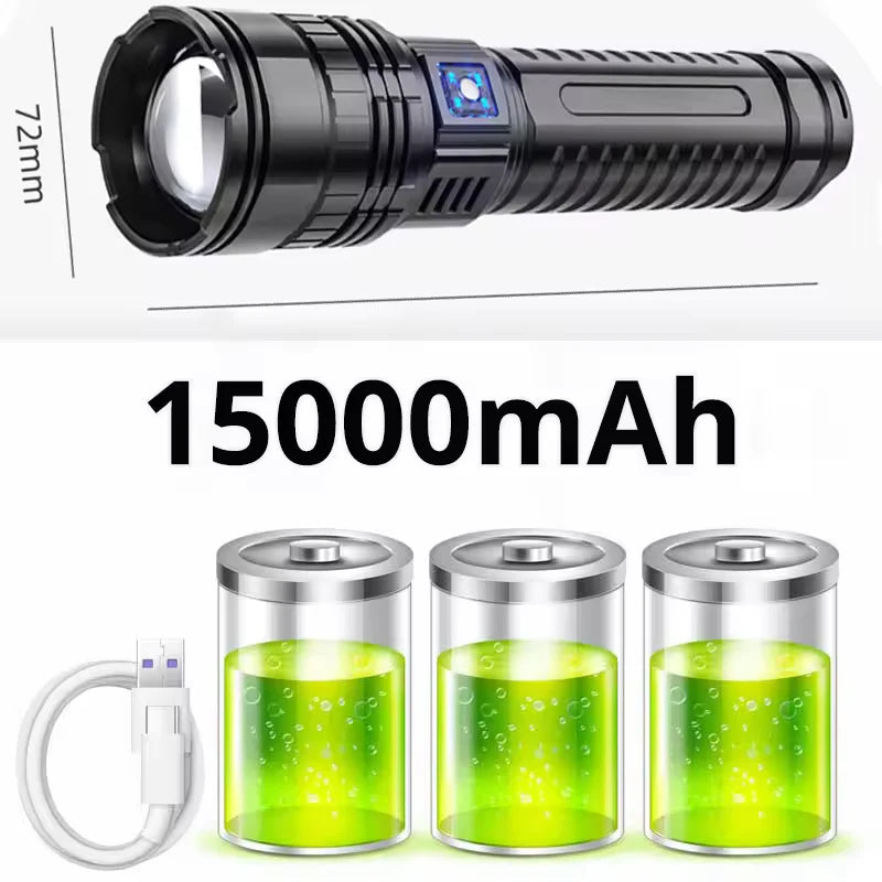 Lampe Torche Tactique Ultra-Puissante 1500W – Portée 5km, LED, Batterie Intégrée