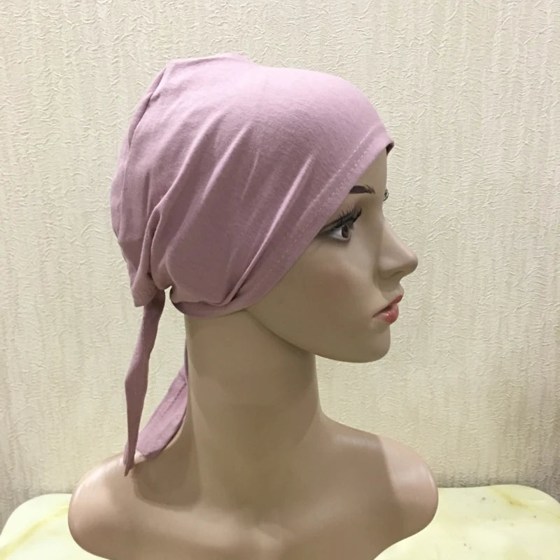 H048 Plain Cotton tie back hats Muslim Turban Pure Color Stretch Inner Hijabs underscarf Women Head Scarf Under Hijab Bonnet