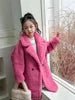 Teenager Girls' Windproof Wool Coat Thickened Long-style Korean Version Winter Suit V-neck Lantern Sleeve Floral Garment Dyed