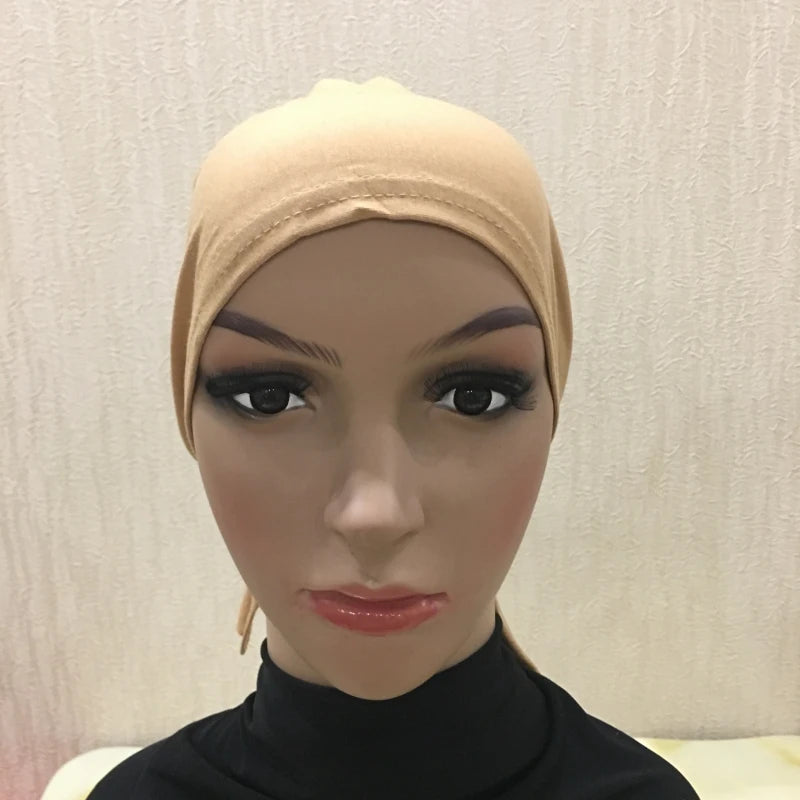 H048 Plain Cotton tie back hats Muslim Turban Pure Color Stretch Inner Hijabs underscarf Women Head Scarf Under Hijab Bonnet