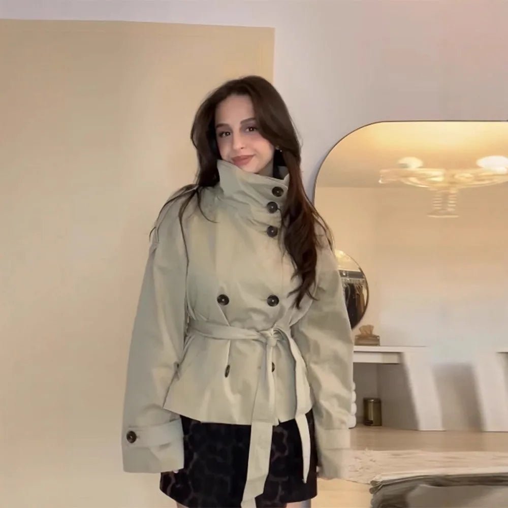 Wholesale autumn 2026 new fashion and elegance temperament  strap-up double-breasted short trench coat women's coat