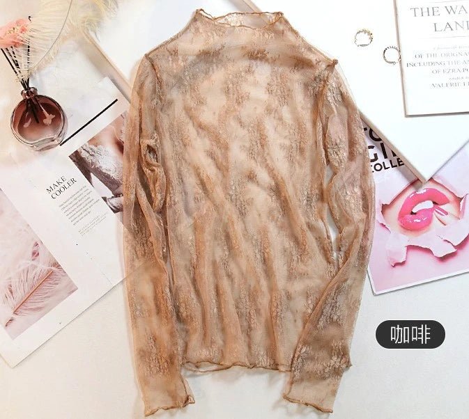 Sexy Women See Through Transparent Mesh Tops Long Sleeve Sheer Slim Ladies Turtleneck ds503