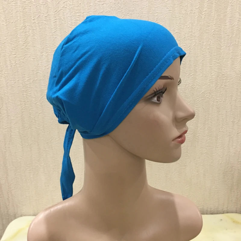H048 Plain Cotton tie back hats Muslim Turban Pure Color Stretch Inner Hijabs underscarf Women Head Scarf Under Hijab Bonnet