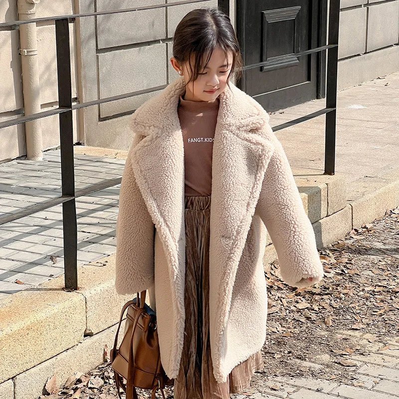 Teddy Bear Coat Wool Suit Collar V-neck Windproof Single Breasted Long Body Girls Teenager