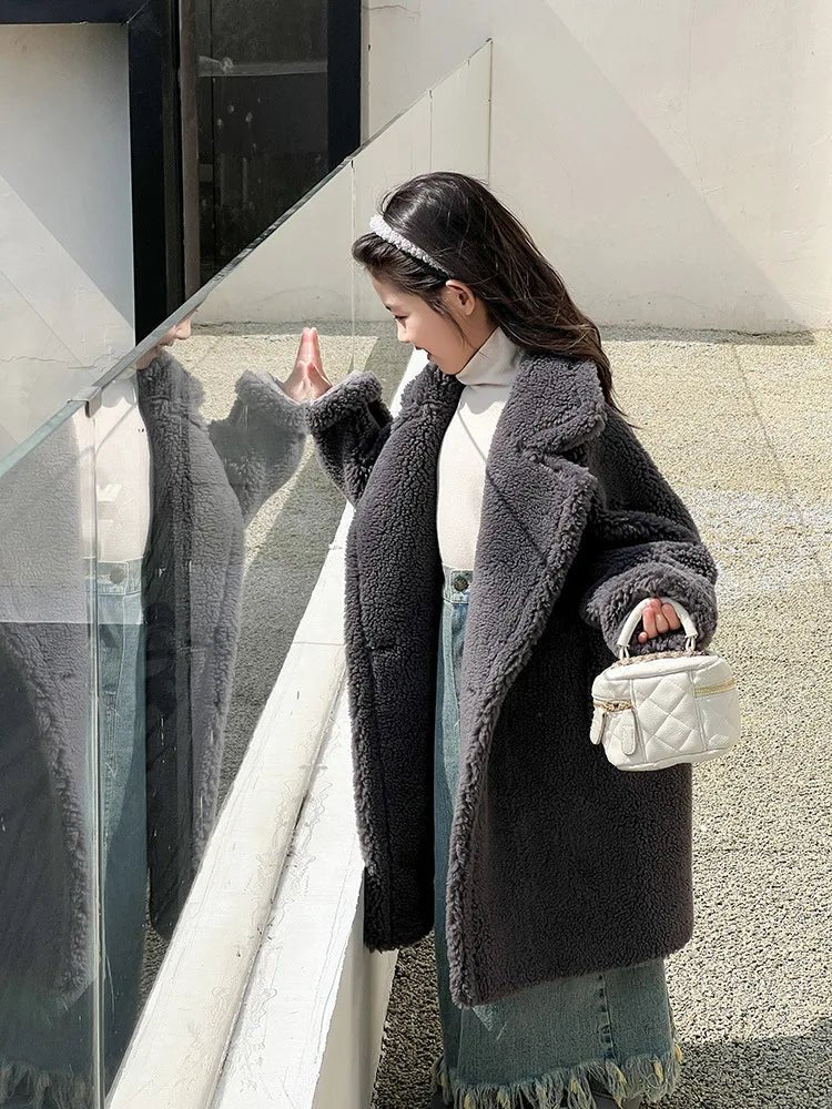 Teddy Bear Coat Wool Suit Collar V-neck Windproof Single Breasted Long Body Girls Teenager