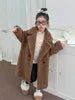 Manteau de laine coupe-vent pour adolescentes Style coréen épais et long Costume d'hiver Col en V Manches lanternes Teinture florale