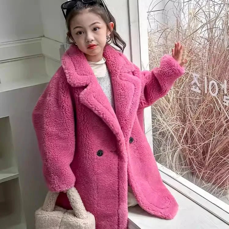 Manteau de laine coupe-vent pour adolescentes Style coréen épais et long Costume d'hiver Col en V Manches lanternes Teinture florale