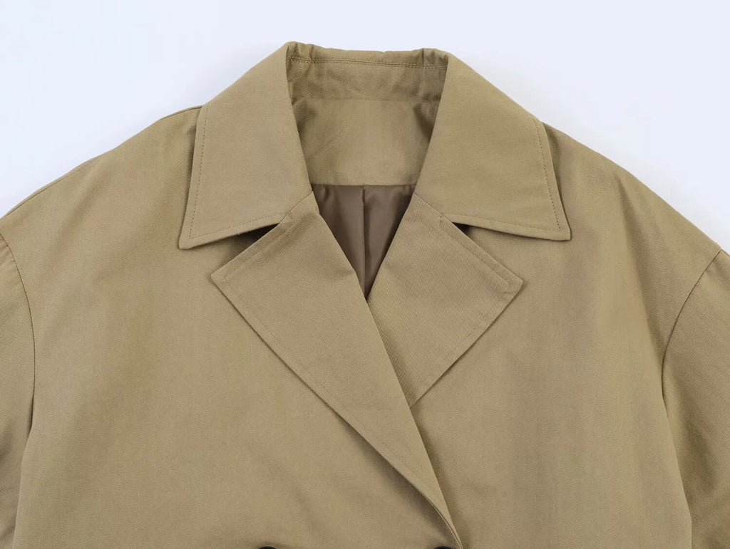 Women's spring 2026 new fashion and leisure temperament lapel double-breasted trench coat retro women's chic hemmed sleeve coat.