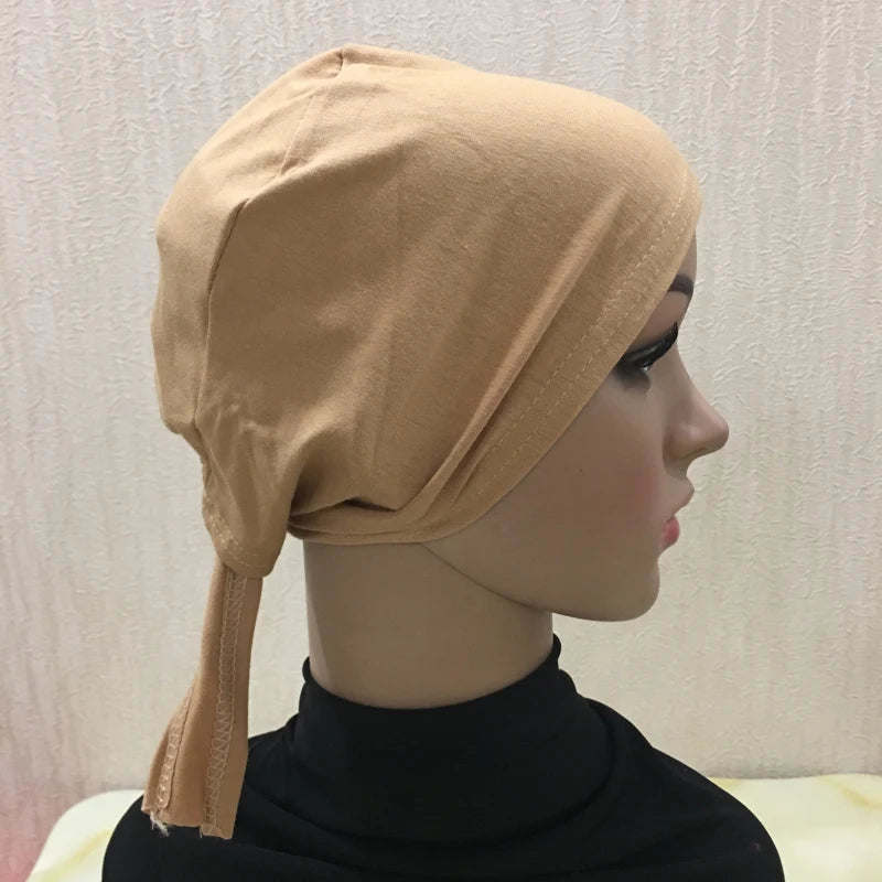 H048 Plain Cotton tie back hats Muslim Turban Pure Color Stretch Inner Hijabs underscarf Women Head Scarf Under Hijab Bonnet