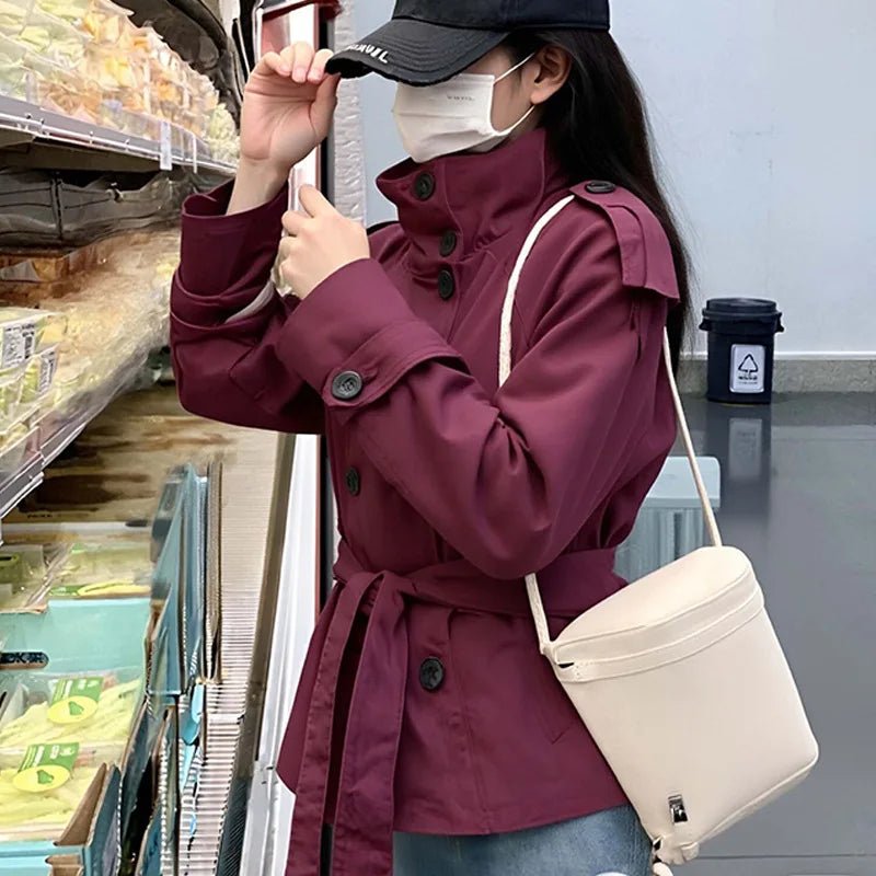 Cropped Breathable Casual Autumn/Winter/Spring Plus Size Double-breasted Belted Regular Trench Coat Jacket