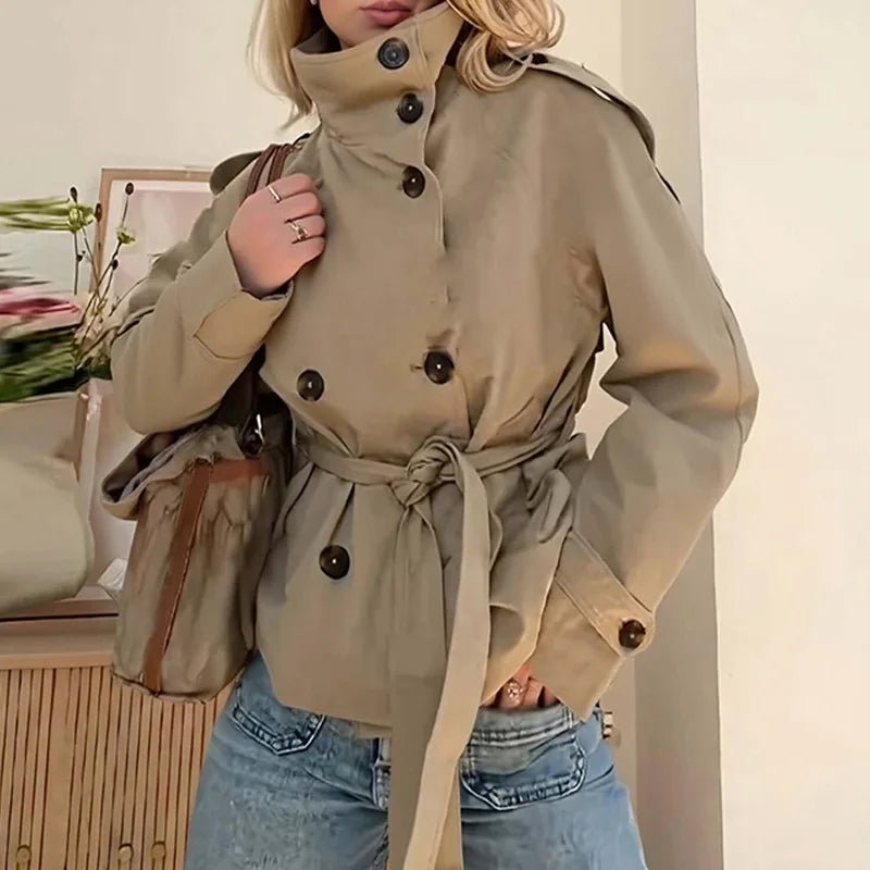 Cropped Breathable Casual Autumn/Winter/Spring Plus Size Double-breasted Belted Regular Trench Coat Jacket