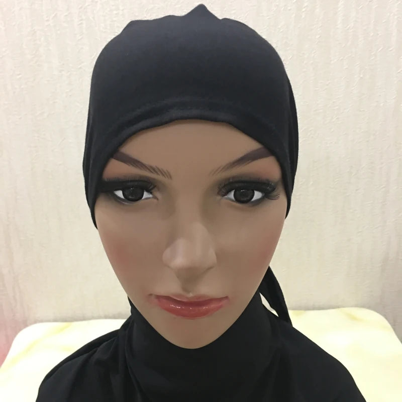 H048 Plain Cotton tie back hats Muslim Turban Pure Color Stretch Inner Hijabs underscarf Women Head Scarf Under Hijab Bonnet