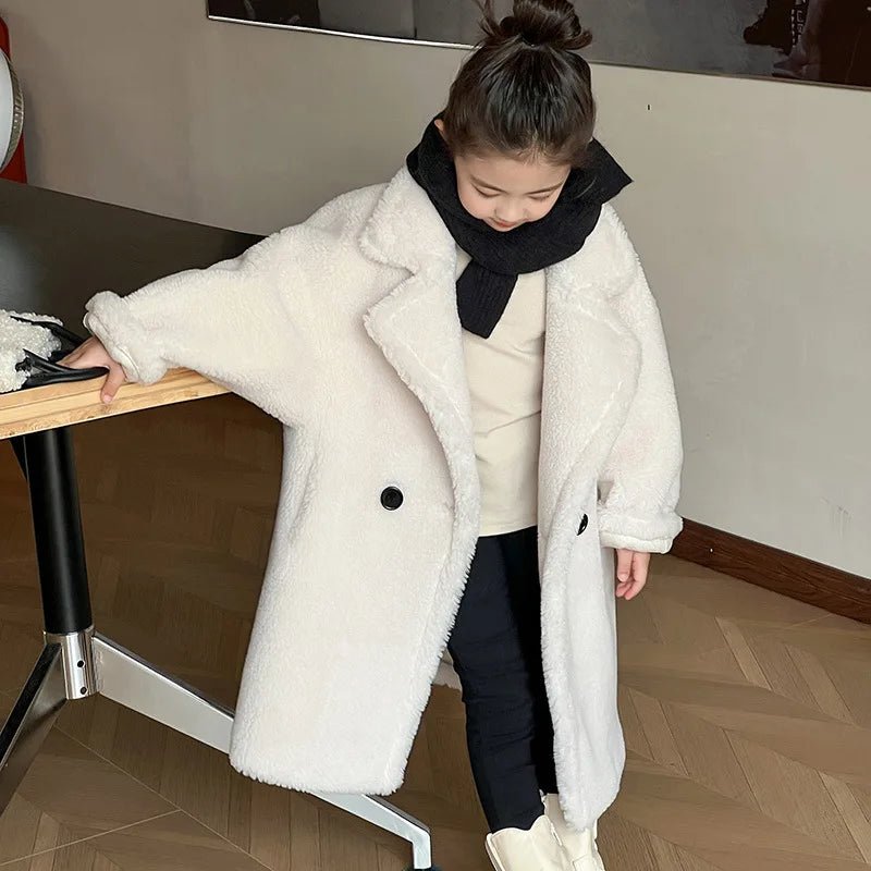 Suit Collar Teddy Bear Wool Coat-Body Long Windproof Single Breasted Garment Dyed Fashion for Girls Teenager