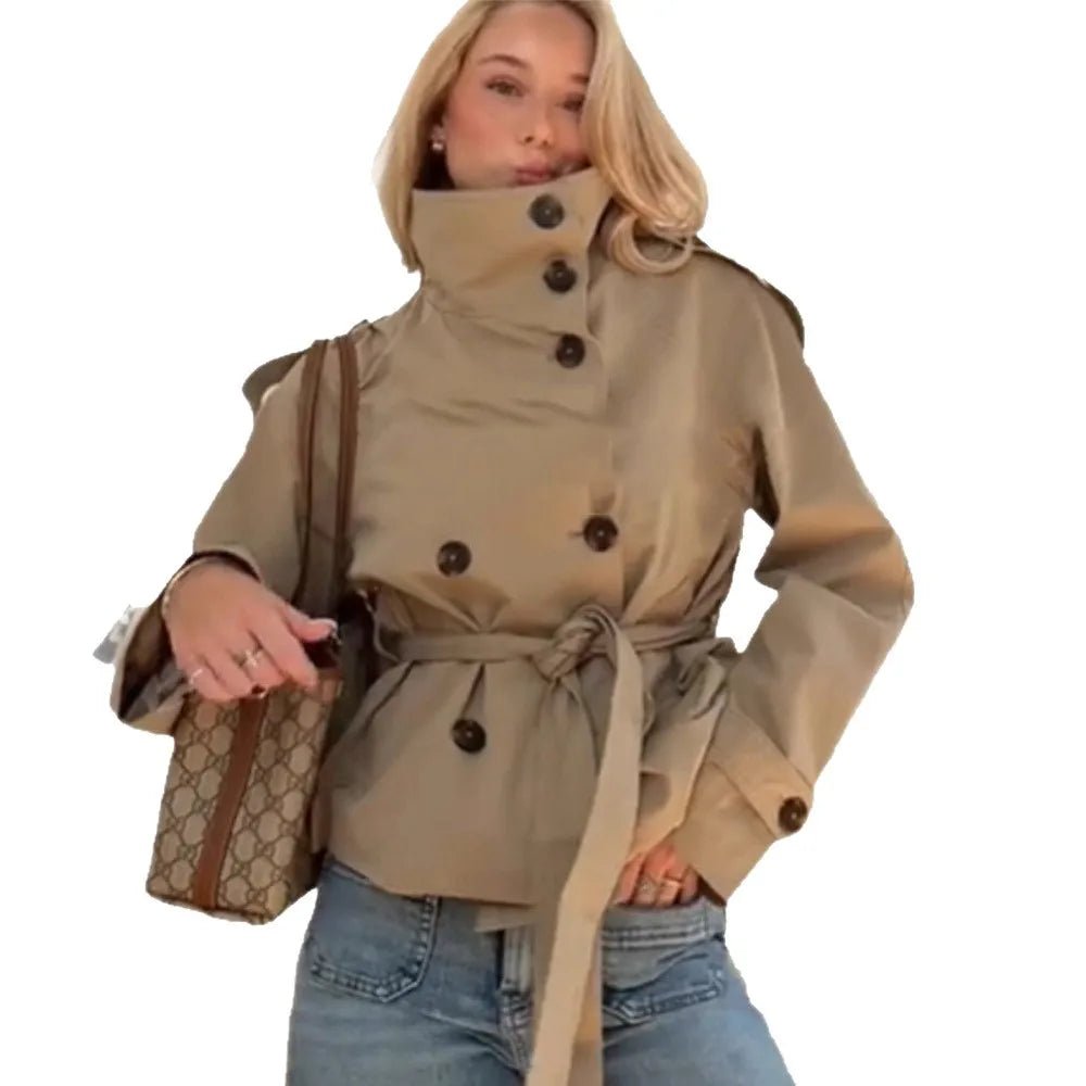 Wholesale autumn 2026 new fashion and elegance temperament  strap-up double-breasted short trench coat women's coat