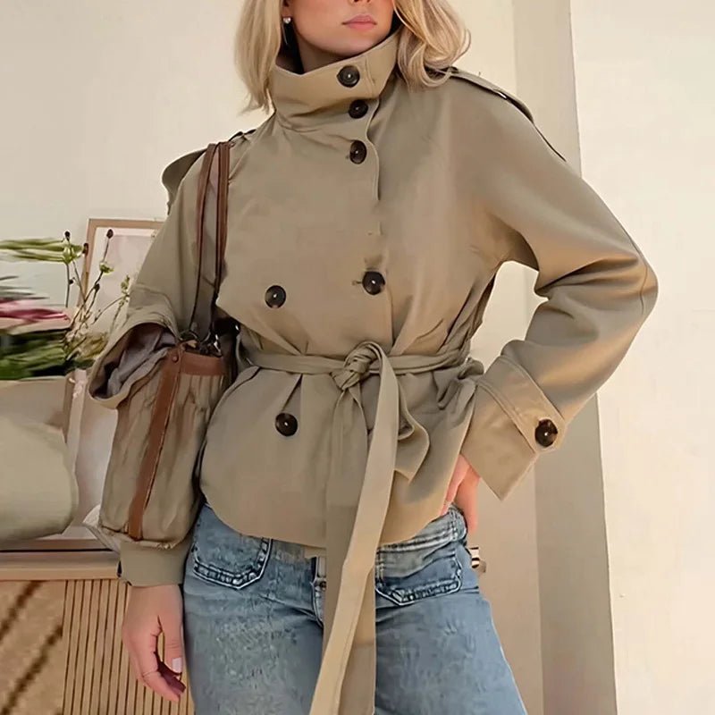 Cropped Breathable Casual Autumn/Winter/Spring Plus Size Double-breasted Belted Regular Trench Coat Jacket