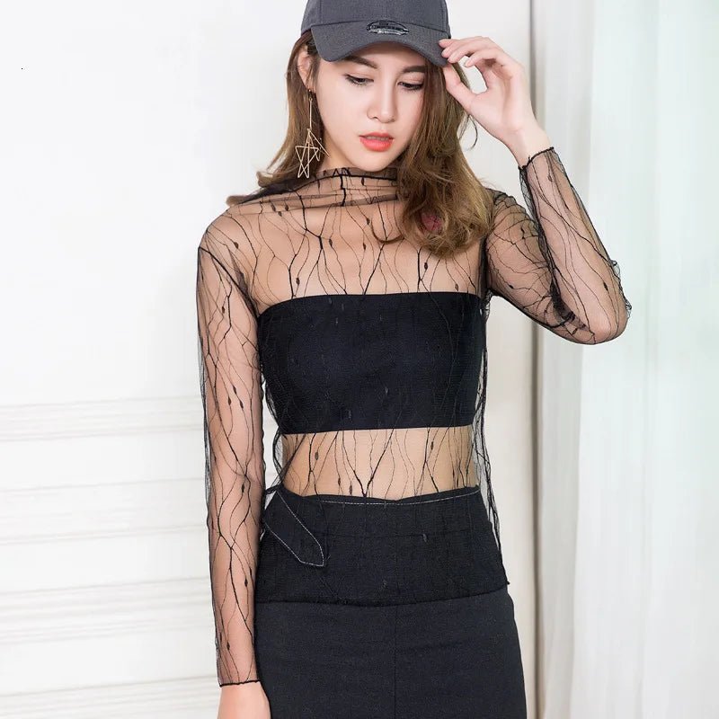 Sexy Women See Through Transparent Mesh Tops Long Sleeve Sheer Slim Ladies Turtleneck ds503