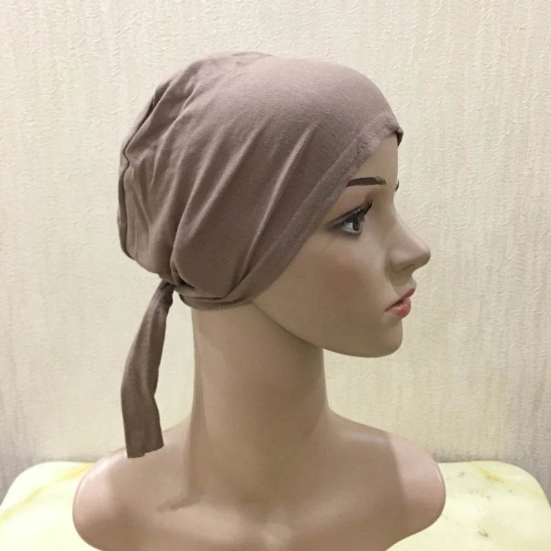H048 Plain Cotton tie back hats Muslim Turban Pure Color Stretch Inner Hijabs underscarf Women Head Scarf Under Hijab Bonnet